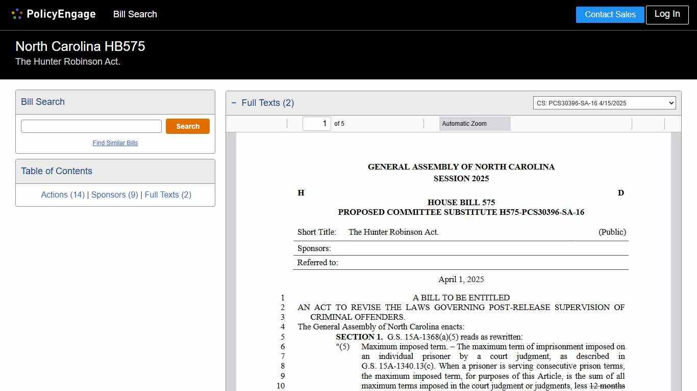 HB575 | North Carolina 2025-2026 | The Hunter Robinson Act. - Legislative Tracking | PolicyEngage