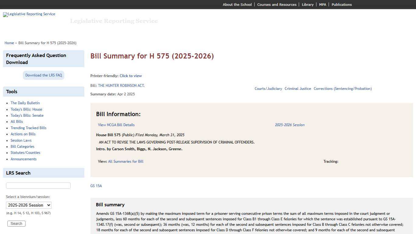 Bill Summary for H 575 (2025-2026) | Legislative Reporting Service